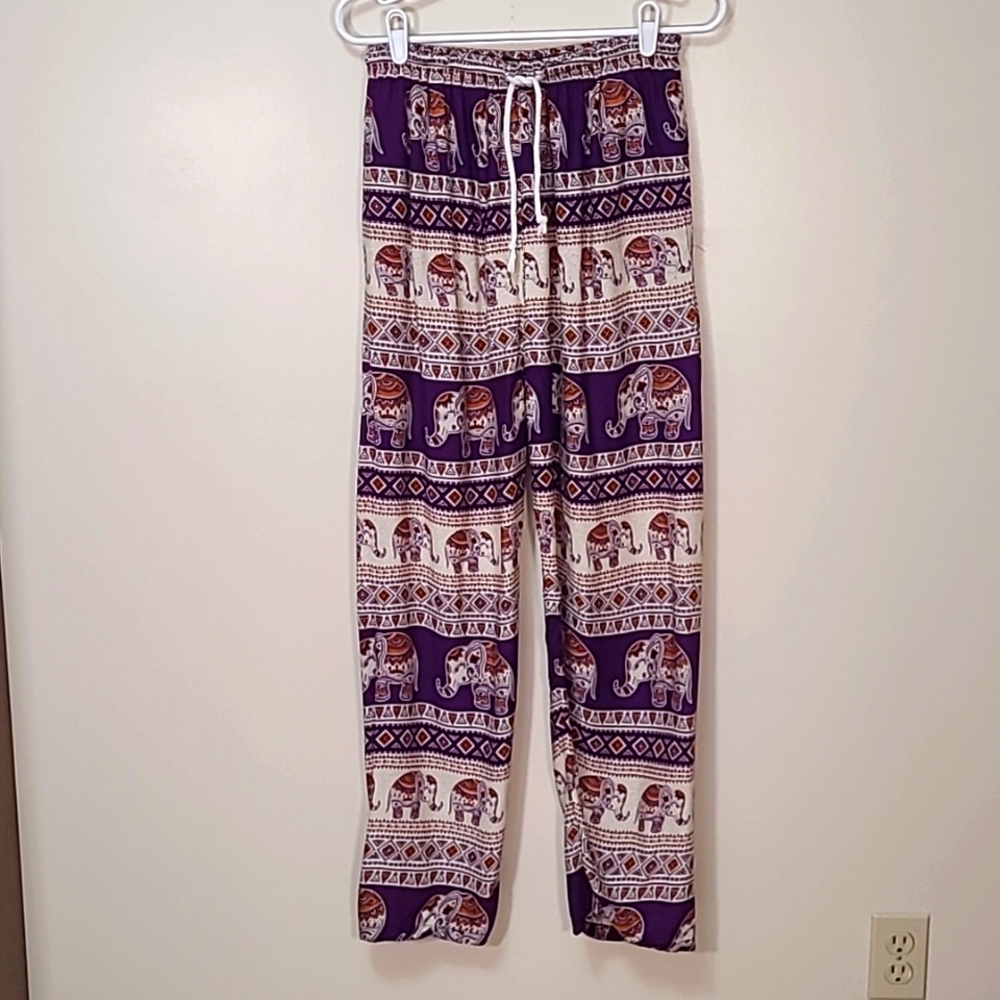 Indian Elephant Print Pull On Pants in Purple Gold Jogger Soft Rayon OS